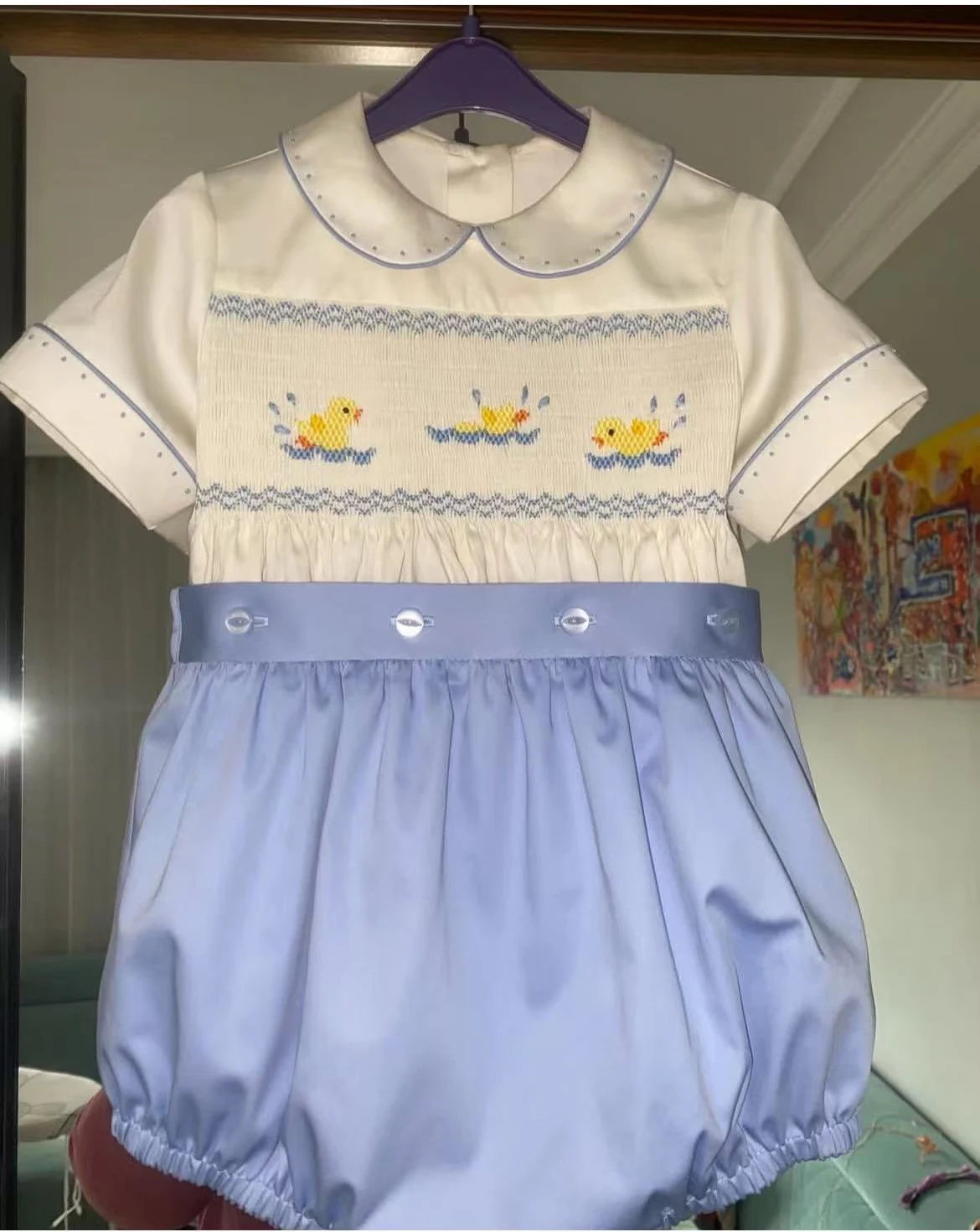 Kid Size: 3M - 0-4Y Baby Boy Summer Short Sleeves Yellow Ducks Handmade Embrodery Smocked Outfit Suit for Party Birthday Holiday  A120