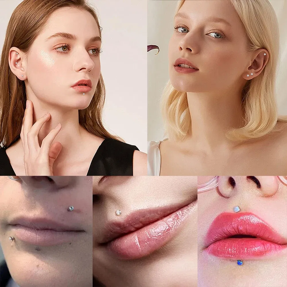 Metal color: Imitation Rhodium Plated, Ships From: CHINA, Main Stone Color: VIOLET - 10PCS ASTM F136 G23 Titanium Piercing Labret Lip Ring Stud Earring CZ Ear Tragus Cartilage Helix Daith Pierc Jewelry 16/18/20g