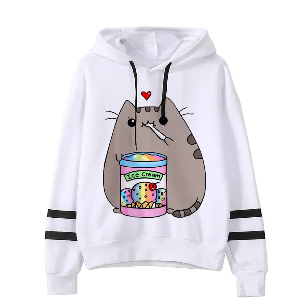 Color: dark green, Size: M - Women Ullzang Cute Cat Funny Cartoon Sweatshirt Pusheen Cat Kawaii Harajuku Korean Style Hoodies Graphic Fashion Hoody Female