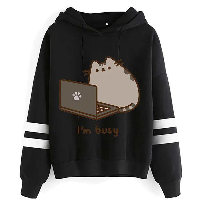 Color: dark green, Size: M - Women Ullzang Cute Cat Funny Cartoon Sweatshirt Pusheen Cat Kawaii Harajuku Korean Style Hoodies Graphic Fashion Hoody Female