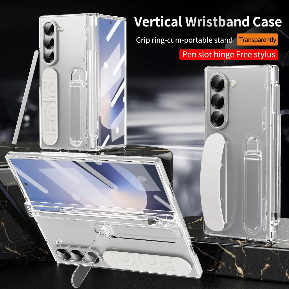 Color: Fluorescein, Material: ABS - Touch Pen Case For Samsung Galaxy Z Fold 6 5 4 3 Skin Friendly Folding Hinge with Elastic Wrist Band Screen Tempered Film Cover