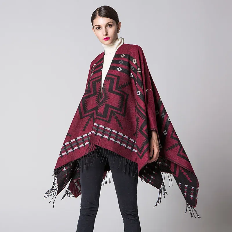 Color: Navy Blue, Size: One Size - European American Popular Tassel Thickened Cashmere Like National Style Travel Fork Shawl Scarf in autumn Ponchos Capes P9