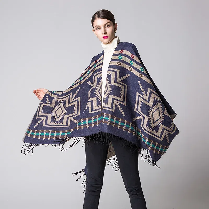 Color: Navy Blue, Size: One Size - European American Popular Tassel Thickened Cashmere Like National Style Travel Fork Shawl Scarf in autumn Ponchos Capes P9