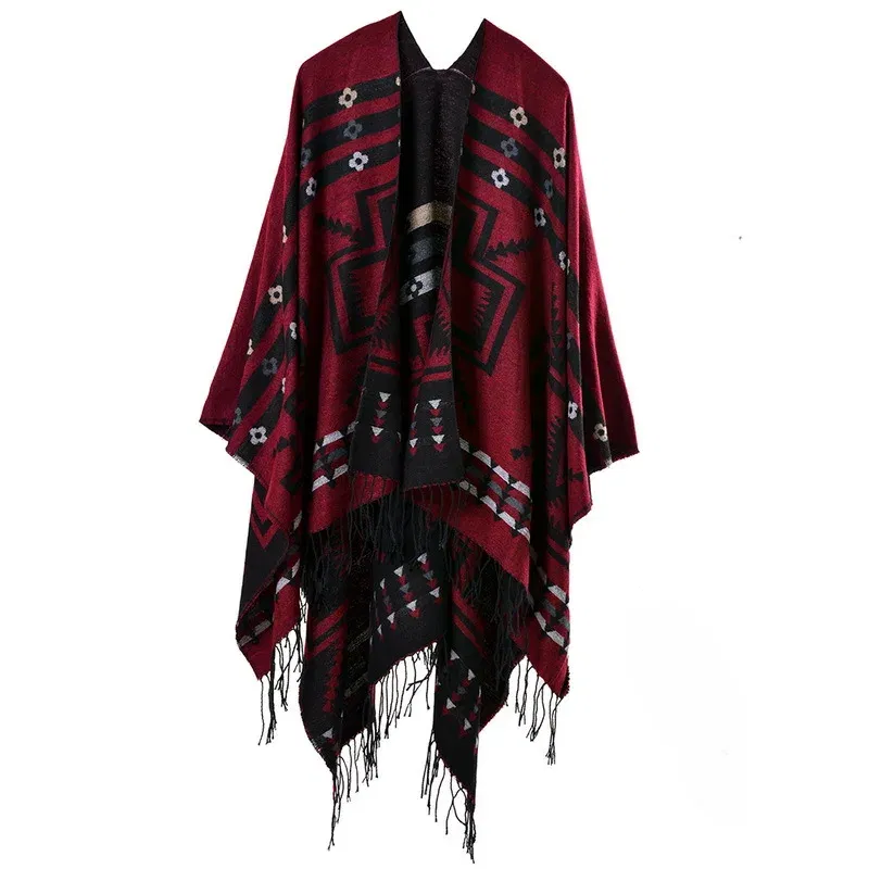Color: Navy Blue, Size: One Size - European American Popular Tassel Thickened Cashmere Like National Style Travel Fork Shawl Scarf in autumn Ponchos Capes P9