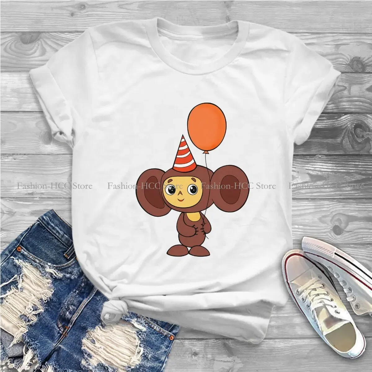 Color: WHITE, Size: XL - Cheburashka Che Burashka Gena Russian Cartoon Polyester TShirts Birthday Distinctive Homme T Shirt Hipster Clothing