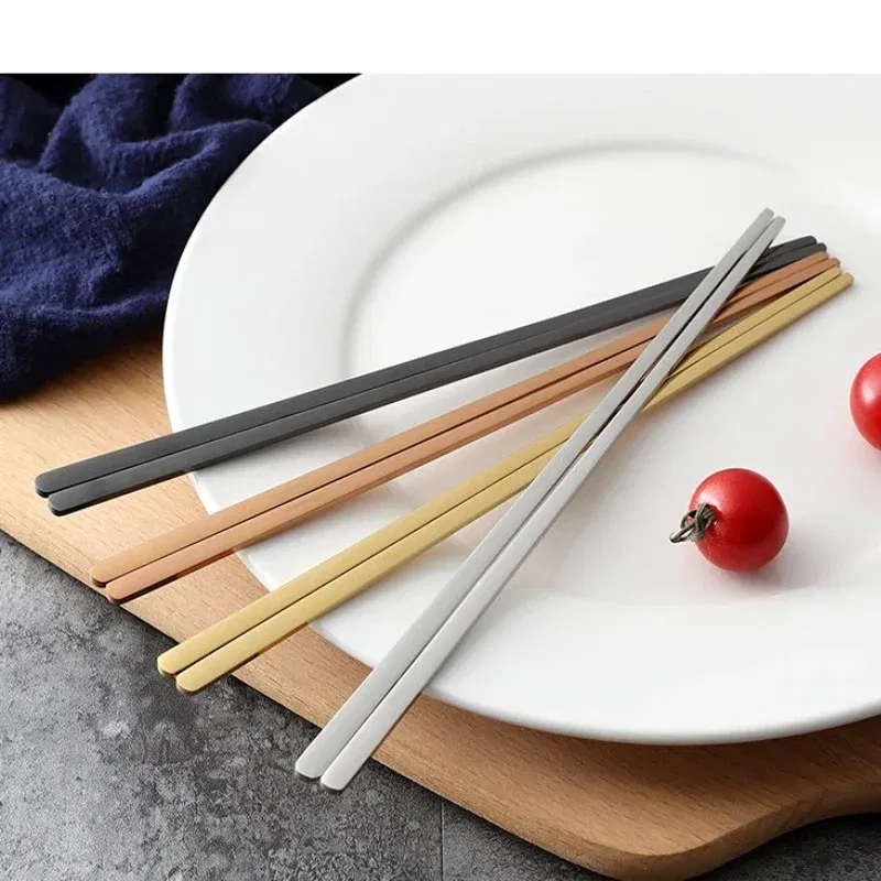 Color: Silver - 304 Stainless Steel Metal Chopsticks Tableware 1 Pair Non-Slip Chinese Chopstick Sushi Sticks Flatware Kitchen Accessories