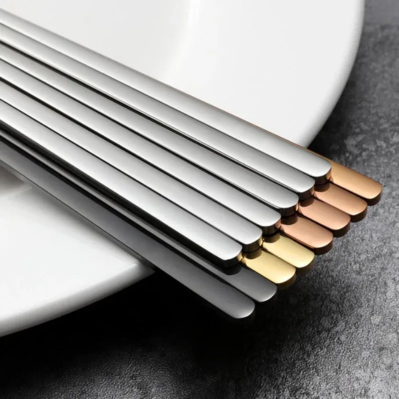 Color: Silver - 304 Stainless Steel Metal Chopsticks Tableware 1 Pair Non-Slip Chinese Chopstick Sushi Sticks Flatware Kitchen Accessories