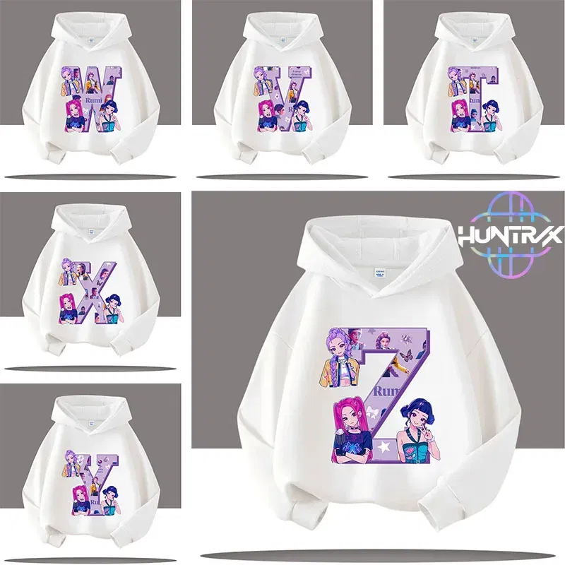 Color: Blue, Kid Size: 5 - K-pop Demon Hunters Letter A-Z 3-12 Year Old Children Hooded Sweatshirt Girls' Casual Shirt Boys' Sports Shirt Cartoon Print