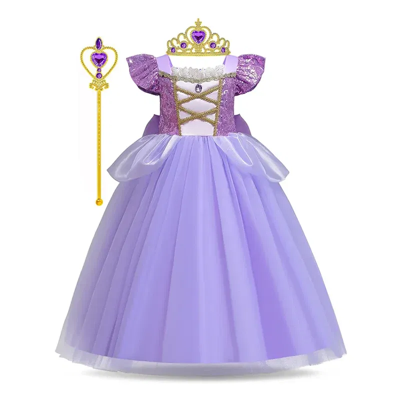 Color: SKY BLUE, Kid Size: 14 - Disney Deluxe Elegant Rapunzel Princess Ball Gown Fancy Birthday Party Dress Cinderella Vestidos Costume Play Carnival Apparel