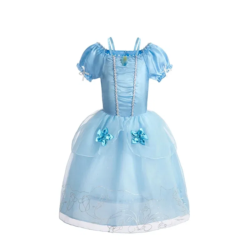Color: SKY BLUE, Kid Size: 14 - Disney Deluxe Elegant Rapunzel Princess Ball Gown Fancy Birthday Party Dress Cinderella Vestidos Costume Play Carnival Apparel