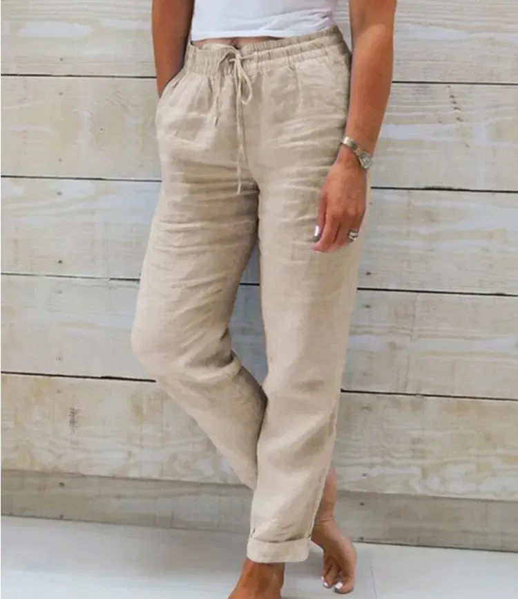 Color: green, Size: L - Cotton Linen Summer Pants for Women High Waist Elastic Casual Trousers Streetwear Solid Female Clothes 2024 Loose Pencil Pants