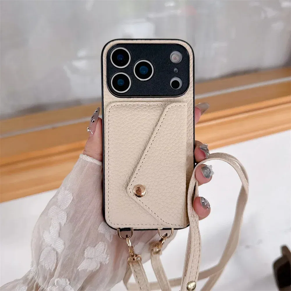 Material: PVC, Color: black - Crossbody wallet card holder phone case For iPhone 17Air 16, 15, 14, 13, 12, 11 Pro Max, XR with lanyard protective cover