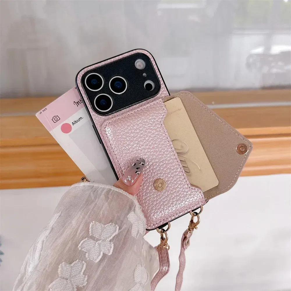 Material: PVC, Color: black - Crossbody wallet card holder phone case For iPhone 17Air 16, 15, 14, 13, 12, 11 Pro Max, XR with lanyard protective cover