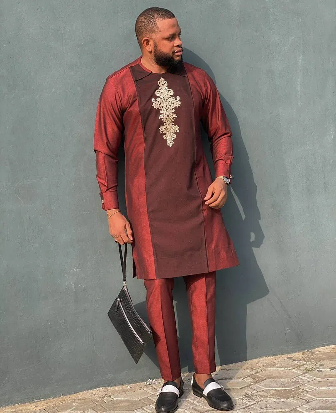 Color: GRAY, Size: XXL - New Men's Tenos Wedding 2-Piece Suit Waist Pants Shirt Solid Color Panel Long Sleeve Party African Ethnic Style Clothing (M-4XL)