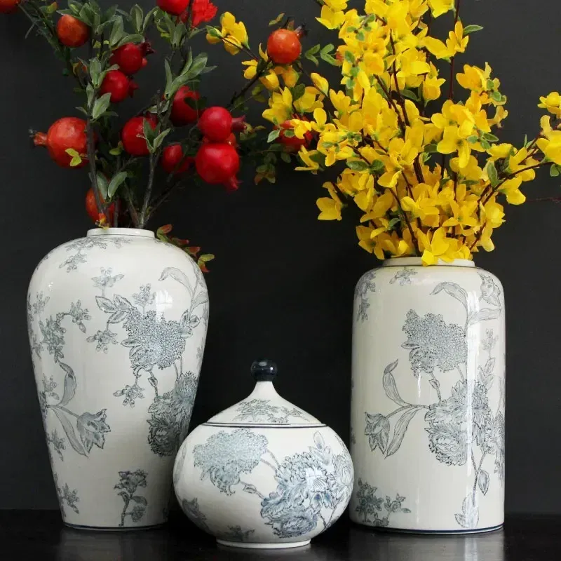 Color: Light Black - Jingdezhen-Antique Ceramics Vases Blue and White Porcelain Ornaments Flower Arrangement, Zen Style, Modern, Handmade Production