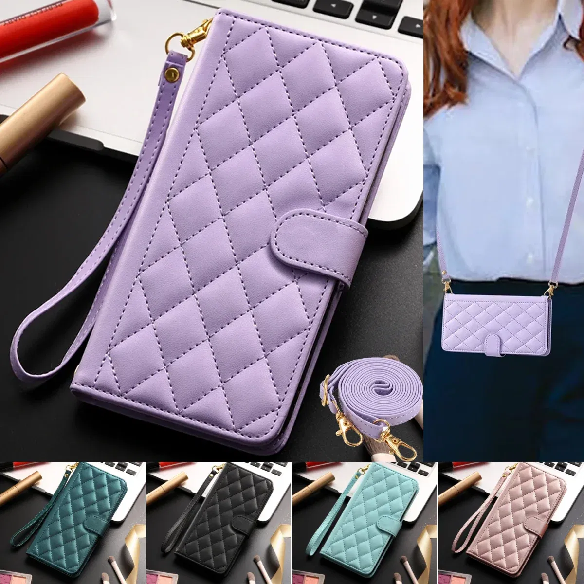 Material: PC, Color: Pink - Long lanyard Flip Leather Phone Case for Samsung Galaxy S24 Ultra S23 FE S22 S21 S20 S10 Plus Wallet Card Cover Coque