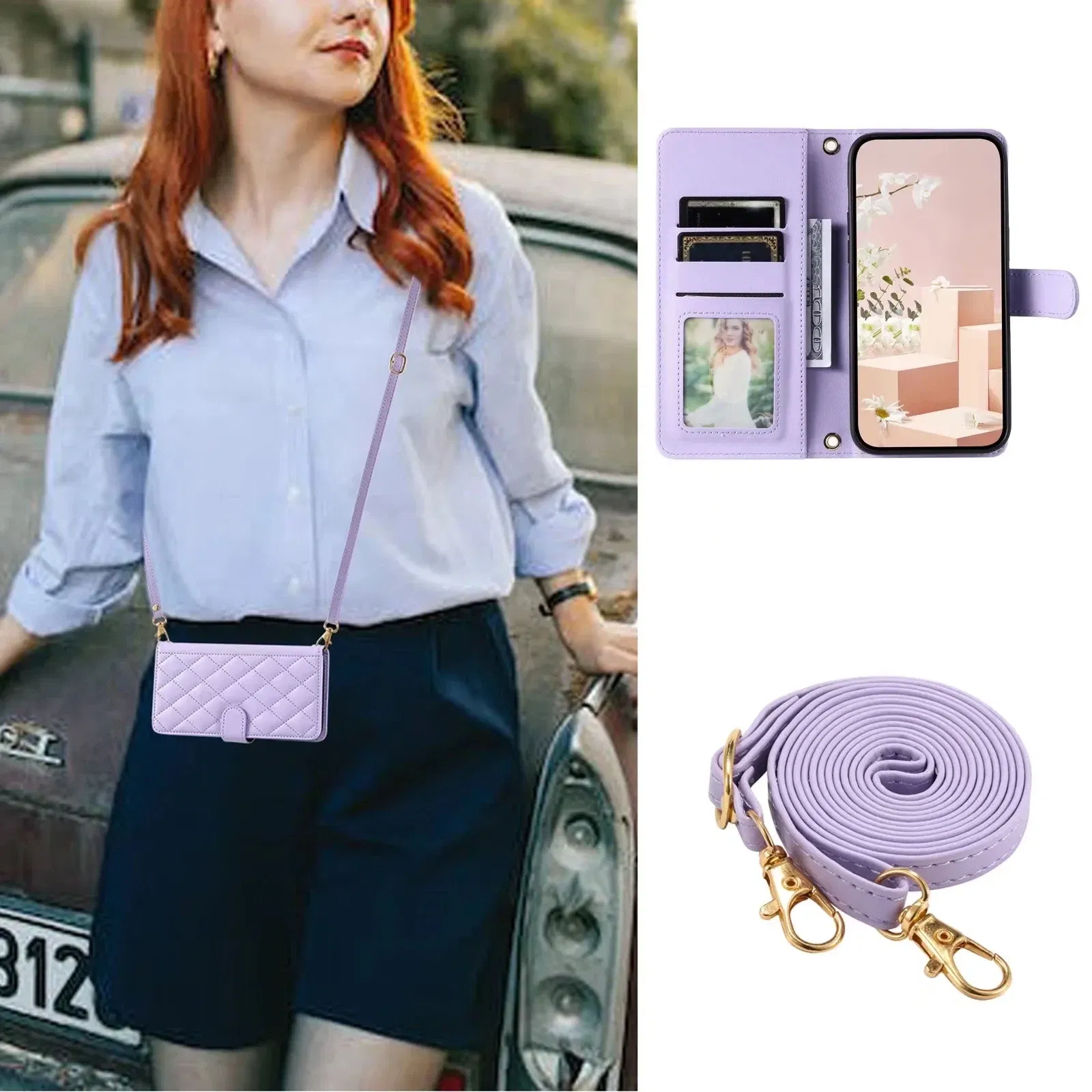 Material: PC, Color: Pink - Long lanyard Flip Leather Phone Case for Samsung Galaxy S24 Ultra S23 FE S22 S21 S20 S10 Plus Wallet Card Cover Coque