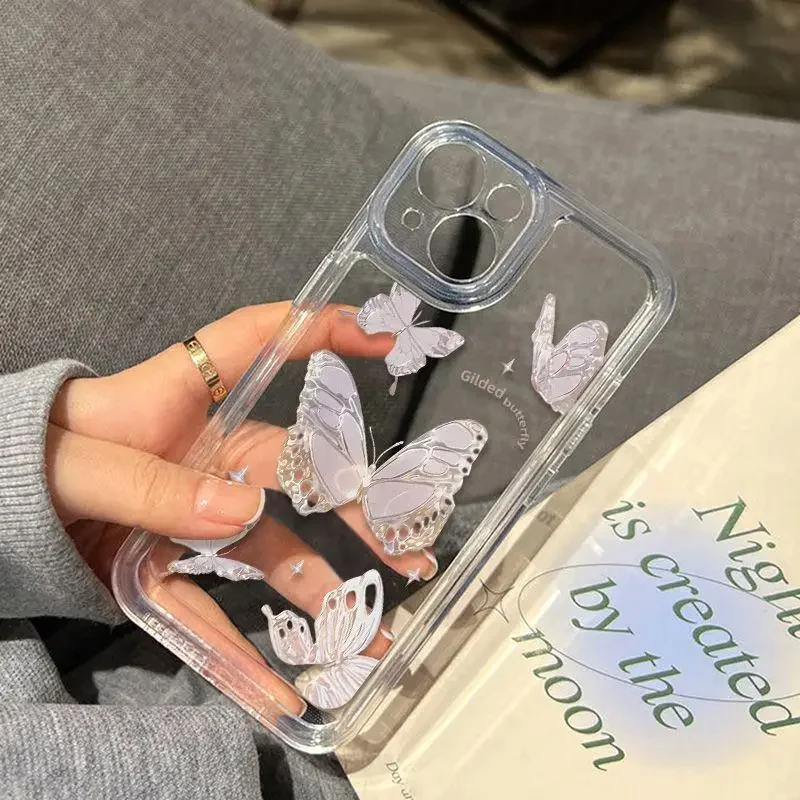Color: Clear, Material: PU - Simple Space Transparent Anti-fall Phone Case For iPhone 15 11 14 13 12 Pro Max Plus Silicone Protect Flower Butterfly Cover