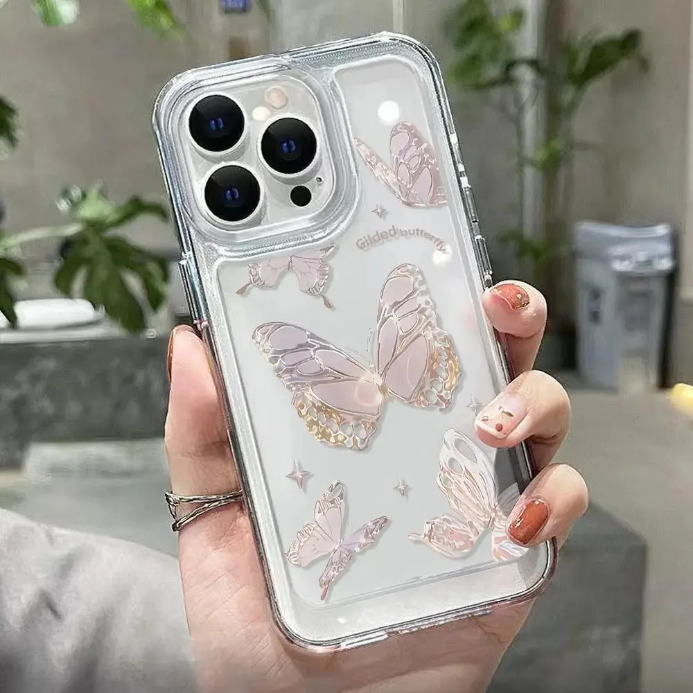 Color: Clear, Material: PU - Simple Space Transparent Anti-fall Phone Case For iPhone 15 11 14 13 12 Pro Max Plus Silicone Protect Flower Butterfly Cover