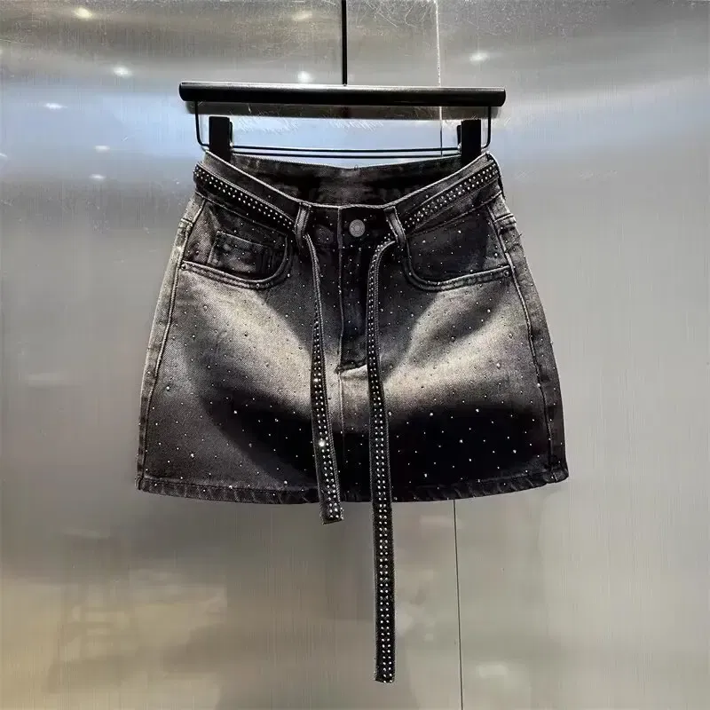 Color: black, Size: M - Oversize Retro Diamond Denim Mini Skirt for Women Summer High Waist Shiny Rivet Slim Skirts Gradient Black Grey Jean Skirts