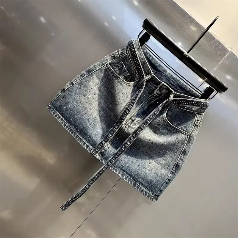 Color: black, Size: M - Oversize Retro Diamond Denim Mini Skirt for Women Summer High Waist Shiny Rivet Slim Skirts Gradient Black Grey Jean Skirts