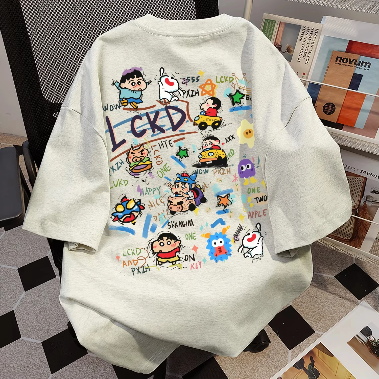Color: Beige, Kid Size: 12 - American Cotton Sporty Casual T-Shirt Summer Loose Hip-Hop Heavyweight Cartoon Print Casual Round Neck Couple Short Sleeves