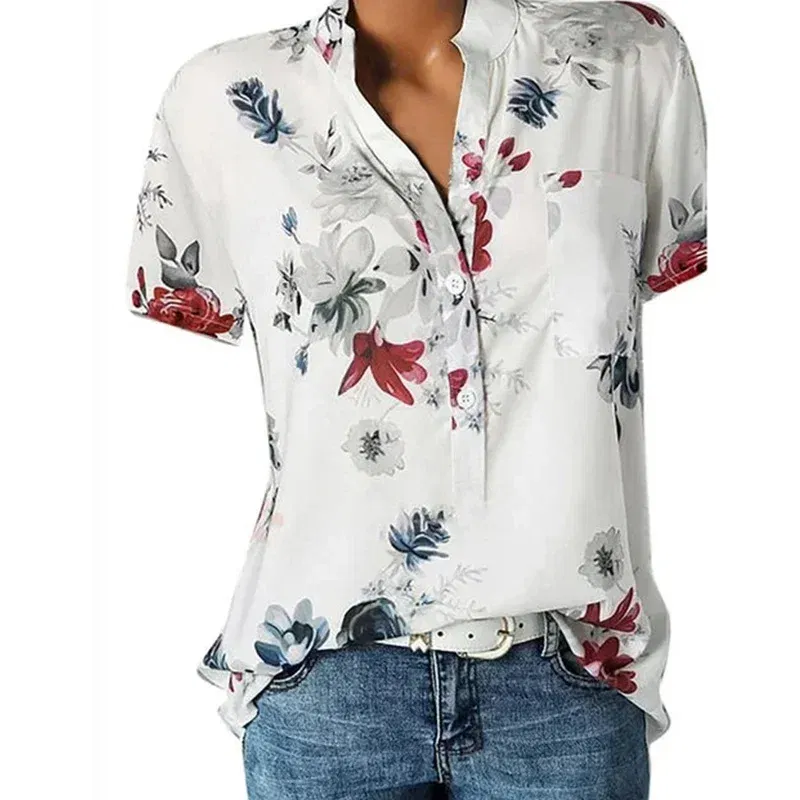 Color: WHITE, Size: XXL - Temperament new women's shirt printing large size casual shirt loose V-neck short-sleeved shirt blouse