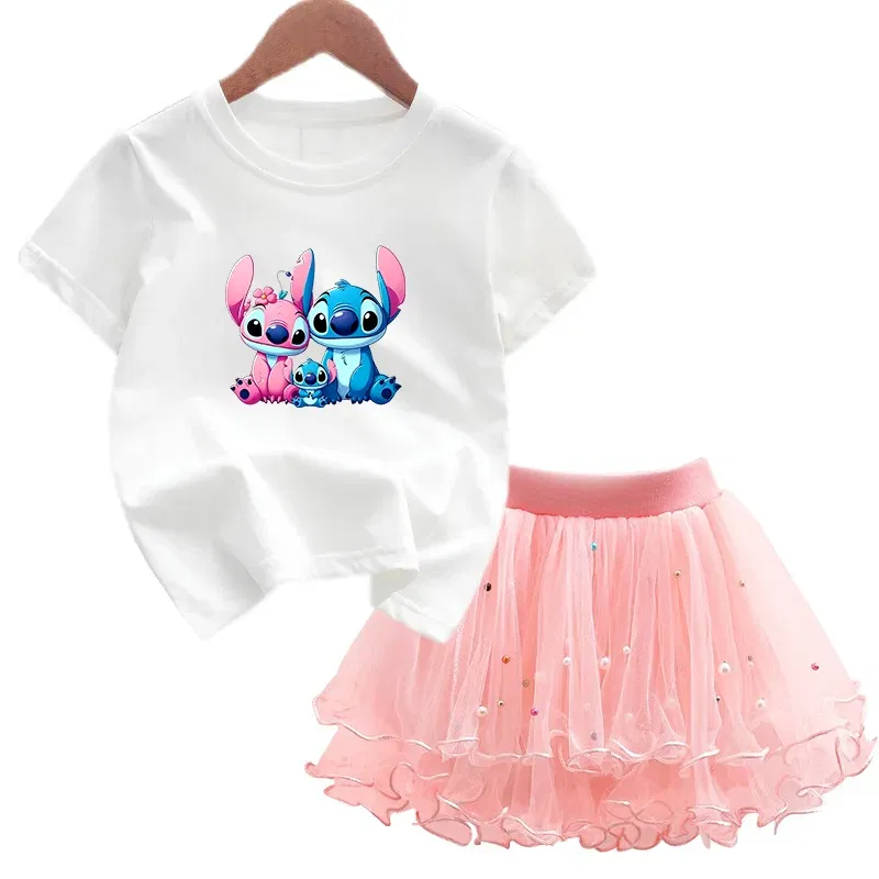 Color: Orange, Kid Size: 4 - 2pcs Lilo Stitch Summer Girls Outfits Cartoon T-shirt and Tutu Skirt Princess Clothes Suit Children Birthday Clothing Sets