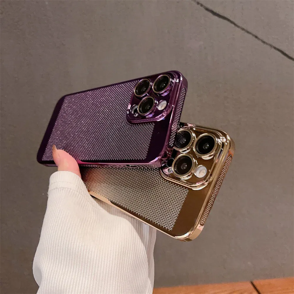 Color: PURPLE, Material: PC + TPU - Luxury Plating Hollowed Out Case for iPhone 12 13 Mini 11 14 Pro Max X XR Xs Max 7 8 Plus Heat Dissipation Shockproof Lens Cover