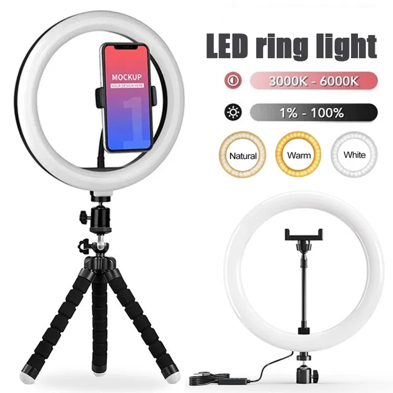 Color: Navy Blue - 10 inch LED Selfie Ring Light Dimmable Photography Fill Lamp with Mini tripod for Mobile Phone Live Video Photo Studio Ringlight
