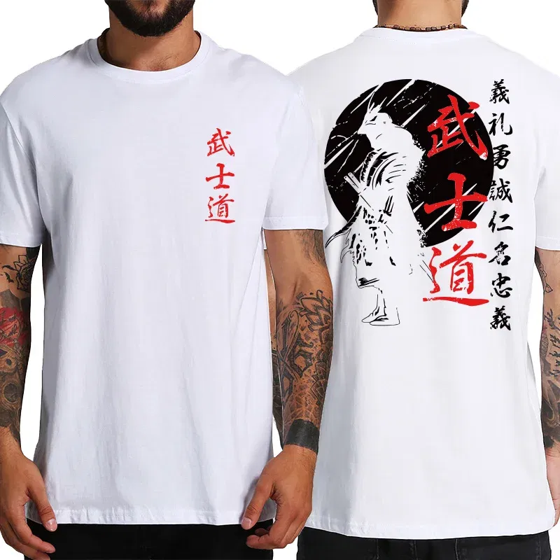 Color: GRAY, Size: L - Japan Samurai Spirit T Shirts For Men Japanese Style Back Print Loose Oversized 100% Cotton Tops T-shirt Bushido Male Gifts Tee