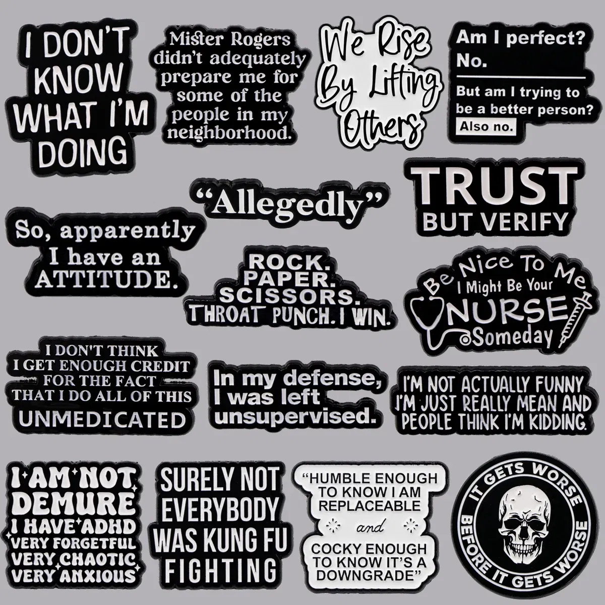 Metal color: Black Zinc Plated - Funny Quotes Enamel Pins Skeleton Women's Brooches Men Lapel Pins Badge on Backpack Costume Accessories Phrase Jewelry Gifts