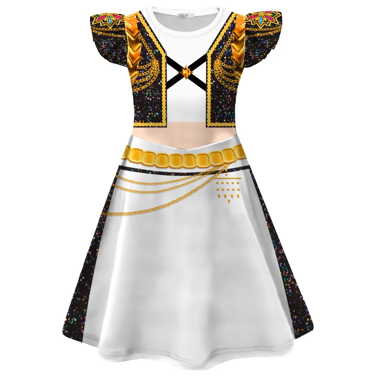 Color: black, Kid Size: 3T - K-Pop Rumi Cosplay Costume Hunters 3D Printed Pattern Flying Sleeve Dress For Girls Halloween Role-Play Carnival Party Outfits