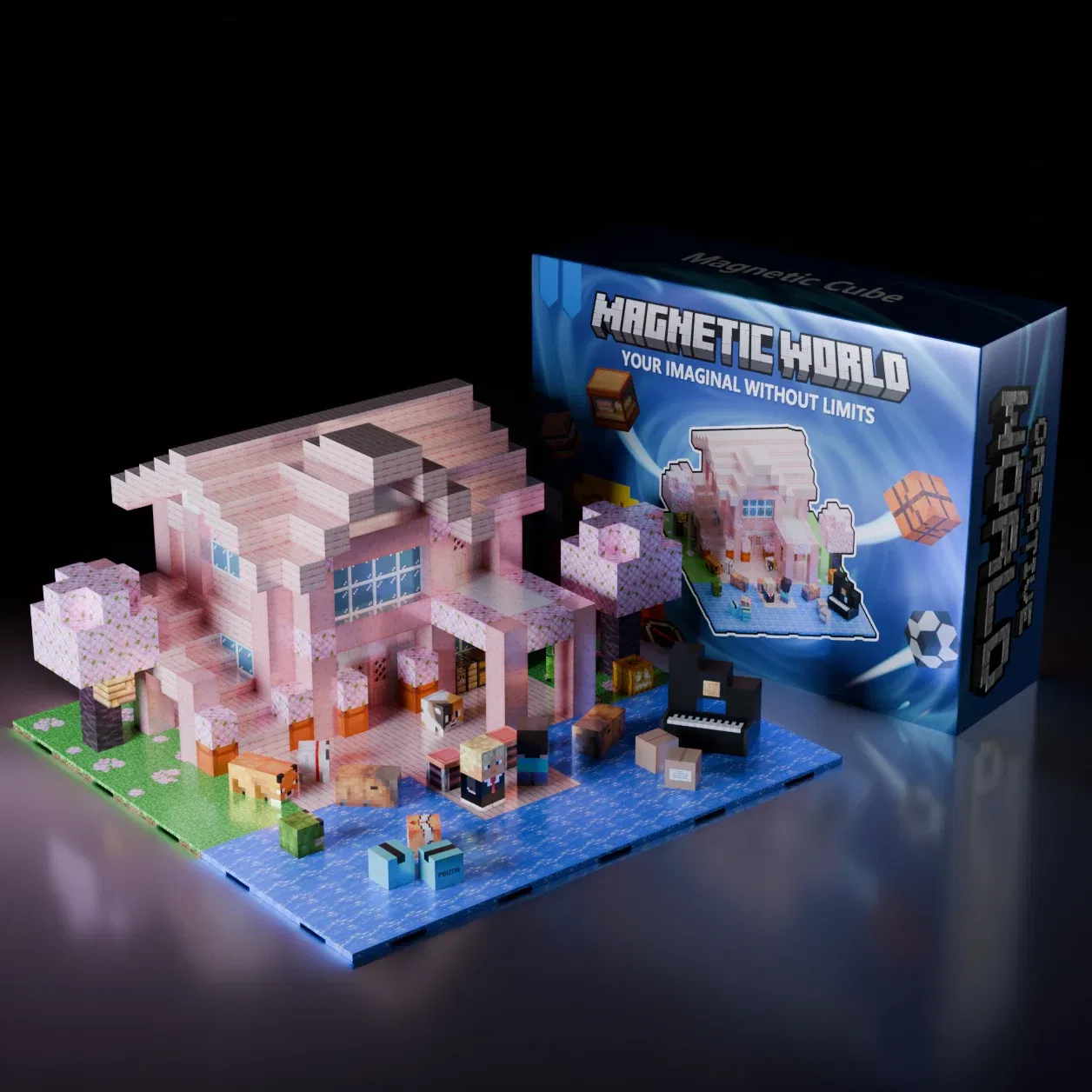 Color: Orange - Magnetic Building Blocks Mine World Magnet Cube Set for Boy Girl Kid Age 3+ DIY Pixel style Model Base plate STEM Toy Baseplate