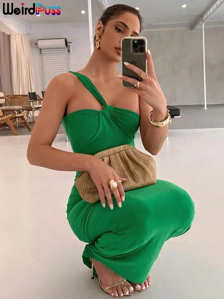 Color: Green, Size: M - Weird Puss Hollow Sexy Women Elegant Dress Cross Ruched Chic Design Sleeveless Skinny Stylish Bodycon Birthday Party Vestidos