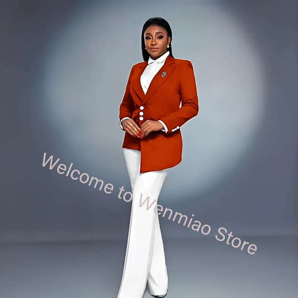 Color: Orange, Size: M - Navy Women's Blazer 2-piece Set Fashionable Jacket Pants Set Ladies Suit Formal Business Workwear Office Lady Outfit
