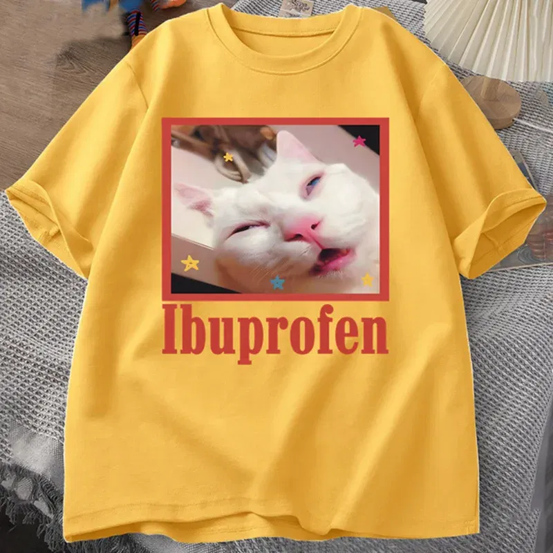 Color: Blue, Size: M - Ibuprofen Cat Meme Tshirt Funny Cat Graphic Tee Cute Cat Lover Cotton T-Shirt Casual Funny T Shirts Unisex Oversized Tshirt Tee