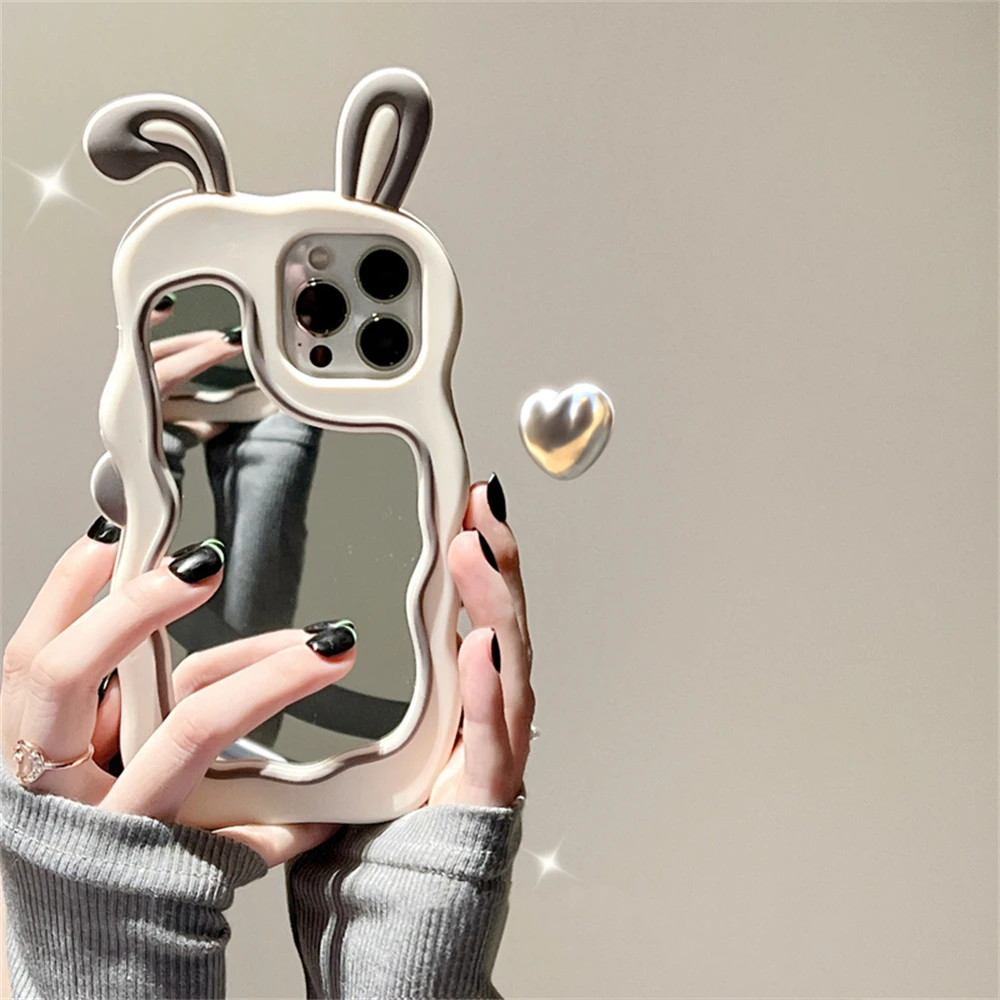 Color: Pink, Material: Genuine Leather - Cute Bunny Ears Mirror Phone Case For iPhone 15 14 Plus 13 12 11 Pro Max Shockproof Silicone Case
