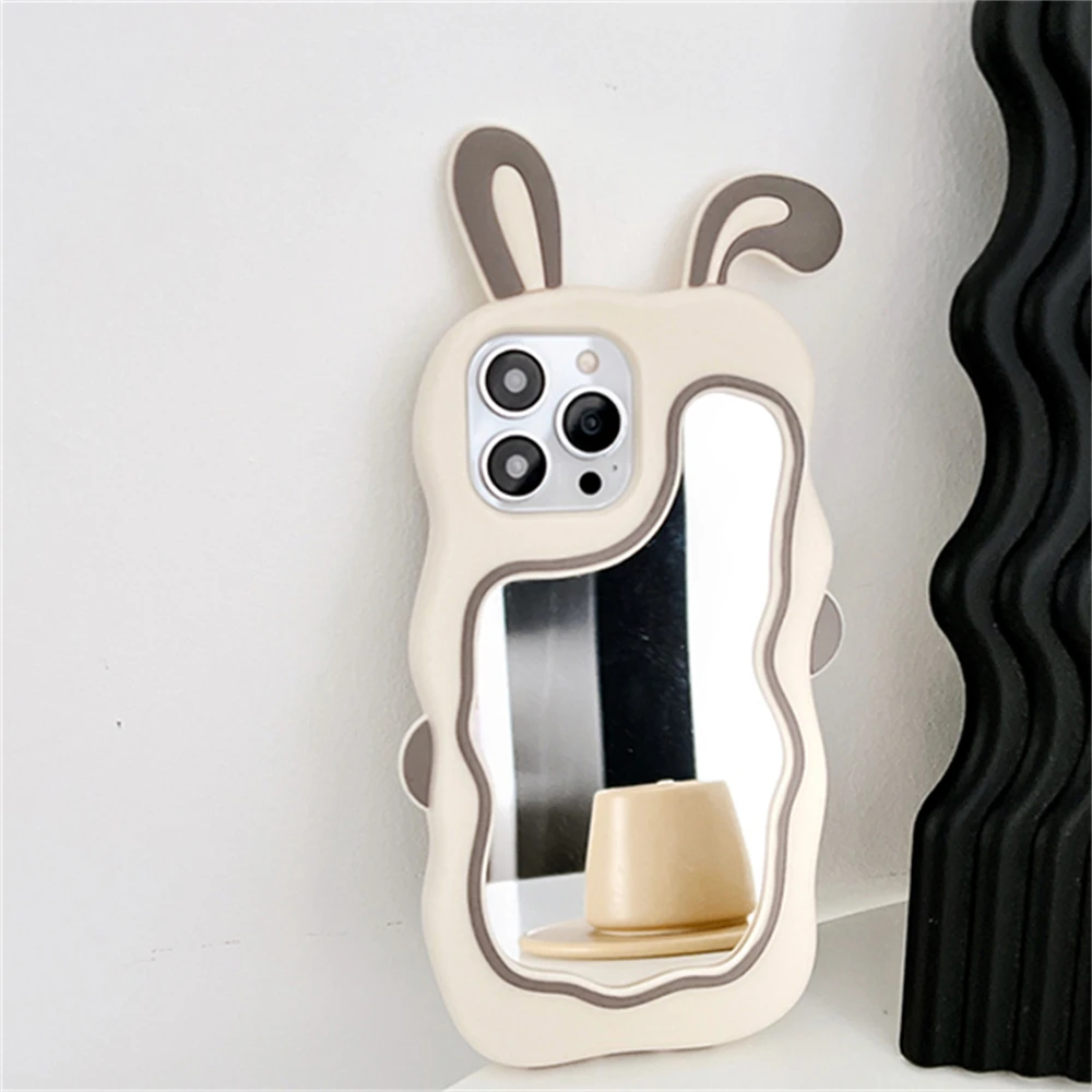 Color: Pink, Material: Genuine Leather - Cute Bunny Ears Mirror Phone Case For iPhone 15 14 Plus 13 12 11 Pro Max Shockproof Silicone Case