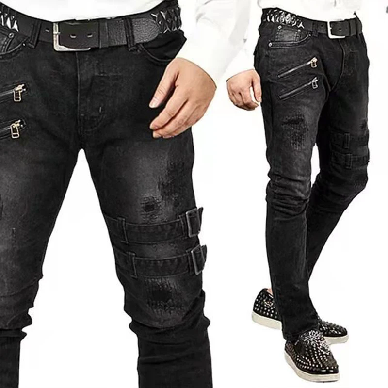 Color: Dark Grey, Size: L, Ships From: CHINA - Men's Punk Hip Hop Black Fashion Jeans Spring summer New Rock Motorcycle Street Wear Tight Casual Denim pants Straight leg pants