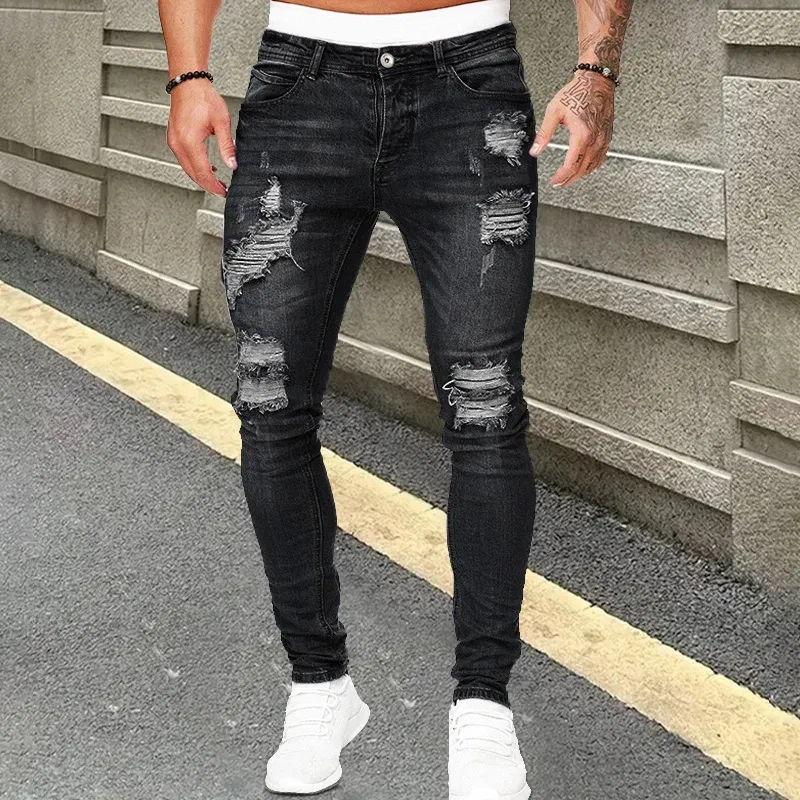 Color: Dark Grey, Size: L, Ships From: CHINA - Men's Punk Hip Hop Black Fashion Jeans Spring summer New Rock Motorcycle Street Wear Tight Casual Denim pants Straight leg pants