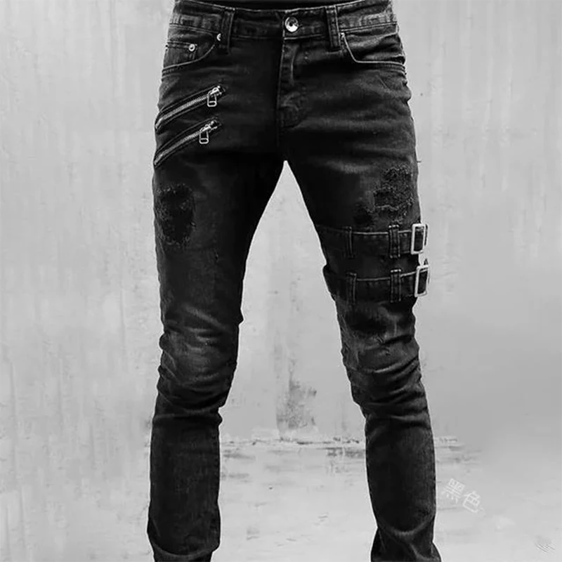 Color: Dark Grey, Size: L, Ships From: CHINA - Men's Punk Hip Hop Black Fashion Jeans Spring summer New Rock Motorcycle Street Wear Tight Casual Denim pants Straight leg pants