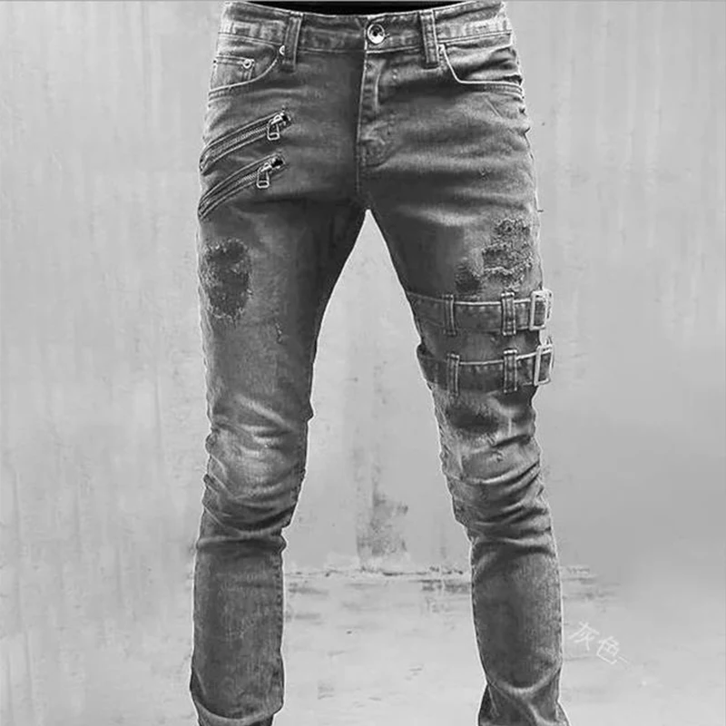 Color: Dark Grey, Size: L, Ships From: CHINA - Men's Punk Hip Hop Black Fashion Jeans Spring summer New Rock Motorcycle Street Wear Tight Casual Denim pants Straight leg pants