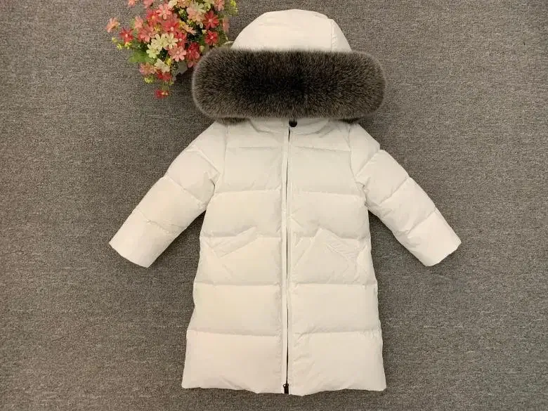 Color: Silver, Kid Size: 4T - Children Girl boy Winter real fur thickened down jackets 90 down Long Coat jacket overcoat baby kids clothing -30 outwear ws1245