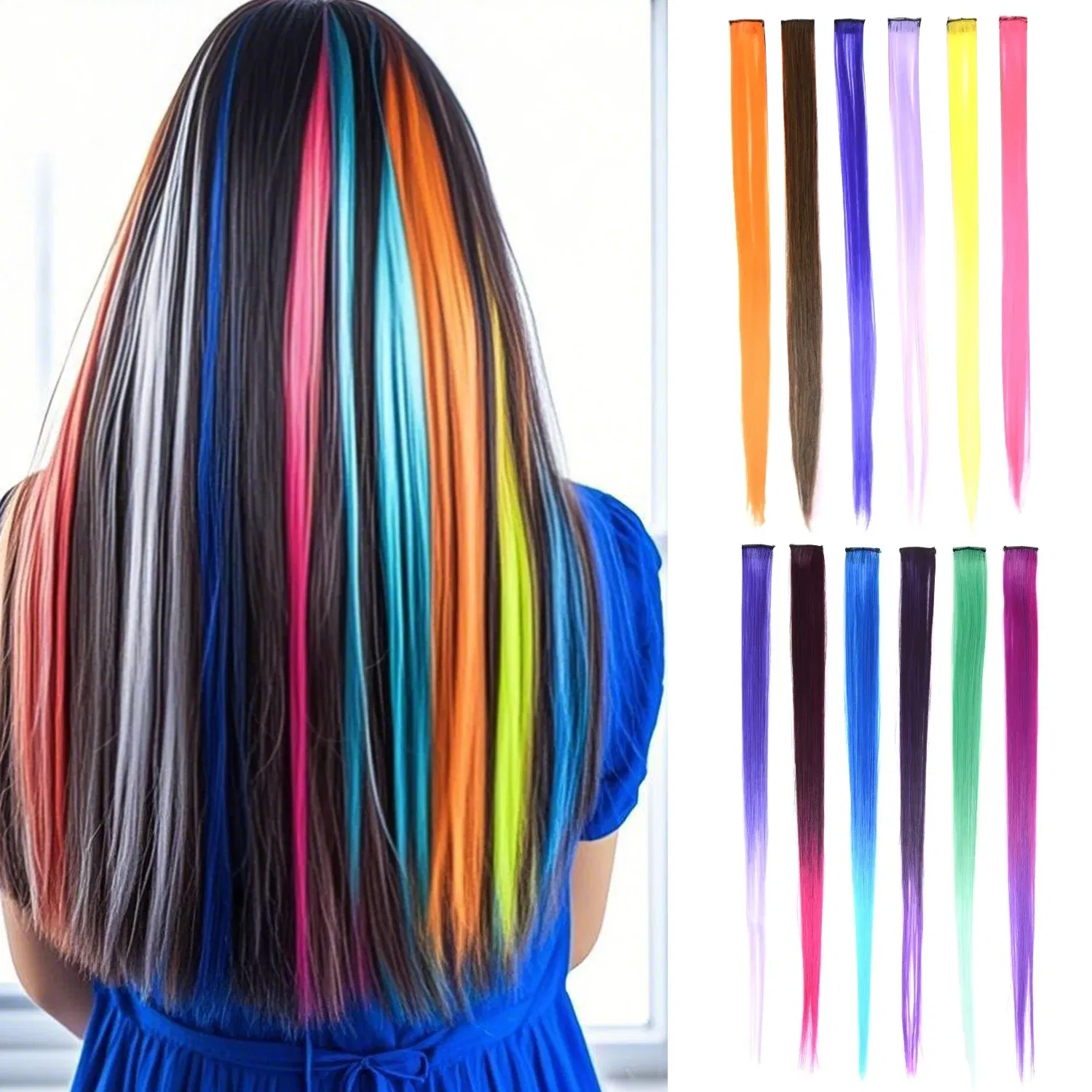 Color: NC/4HL, Stretched Length: 22inches - Synthetic Clip-in Hair Extensions 22" Long Colorful Straight Hair Pieces Synthetic Hairpieces for Daily Festival Party