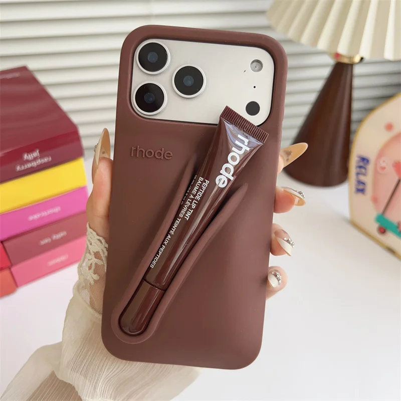 Material: POLYESTER, Color: Dark Grey, Bundle: Bundle1 - With Lipstick Phone Case for iPhone 17 13 14 15 16 17 Pro Max Plus 12 17 Air Silicone Lip Gloss Holder Hot INS Soft Cover Funda