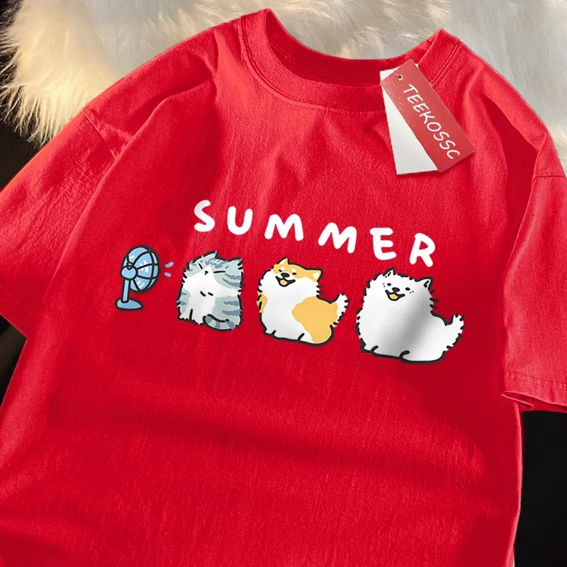 Color: GRAY, Size: XXL - Cats And Dogs Blowing Fans Print T Shirts Men Women Cute Crewneck Clothes Loose Summer T-Shirts Fashion Cotton Short Sleeve