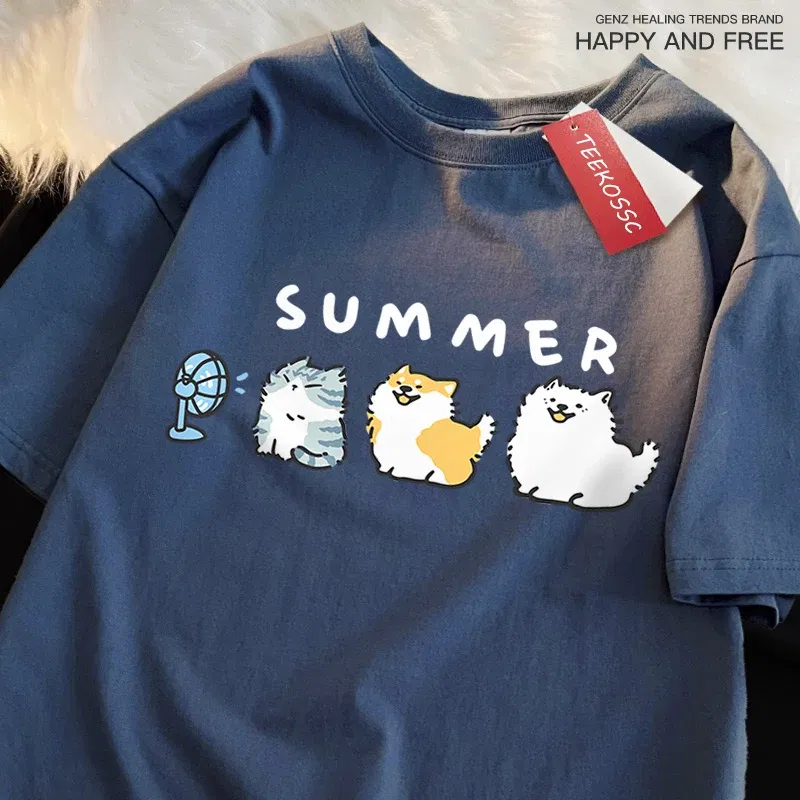 Color: GRAY, Size: XXL - Cats And Dogs Blowing Fans Print T Shirts Men Women Cute Crewneck Clothes Loose Summer T-Shirts Fashion Cotton Short Sleeve