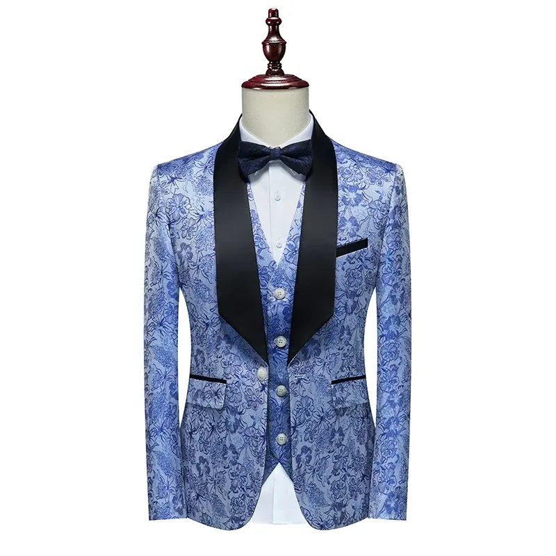 Color: Blue, Size: 4XL - Men's  Evening Dress Bridegroom Suit British Wedding Business Casual Fashion Three-piece Set with Vest And Trousers Sizes M-6XL