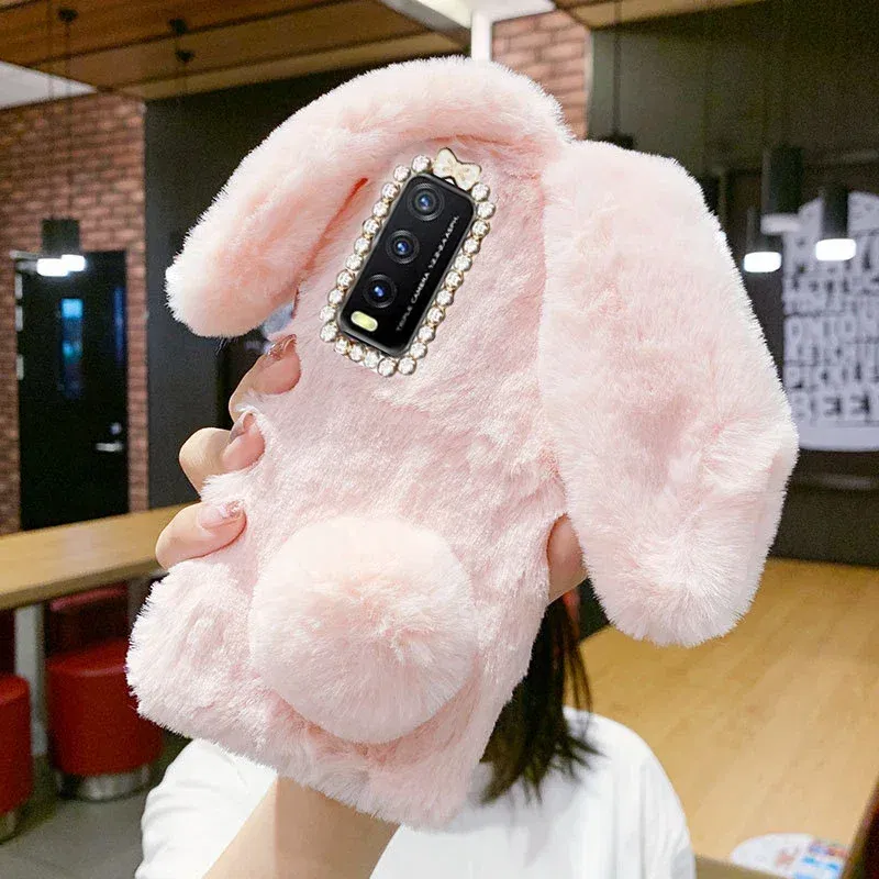Color: SKY BLUE, Material: PE - Warm Plush Rabbit Fluffy fur Cover for Samsung A15 A25 A35 A55 A14 A24 A34 A54 A13 A23 A33 A53 A12 A22 A32 A52 A51 Phone Case